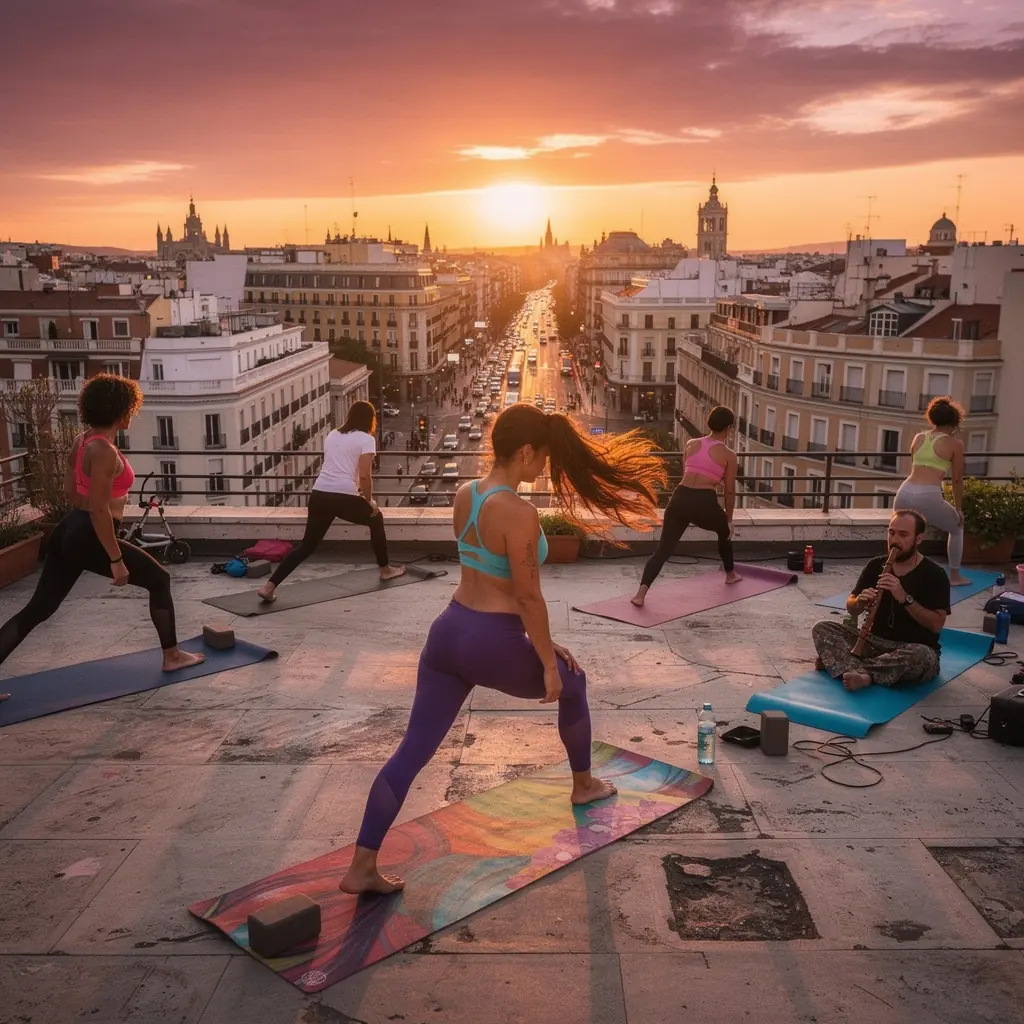 Instructora guiando una sesión de yoga con música suave de fondo.