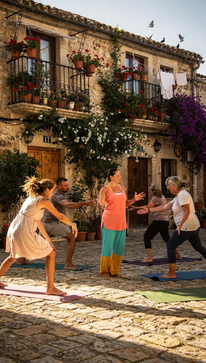 Grupo de yoguis realizando movimientos fluidos en un entorno natural.