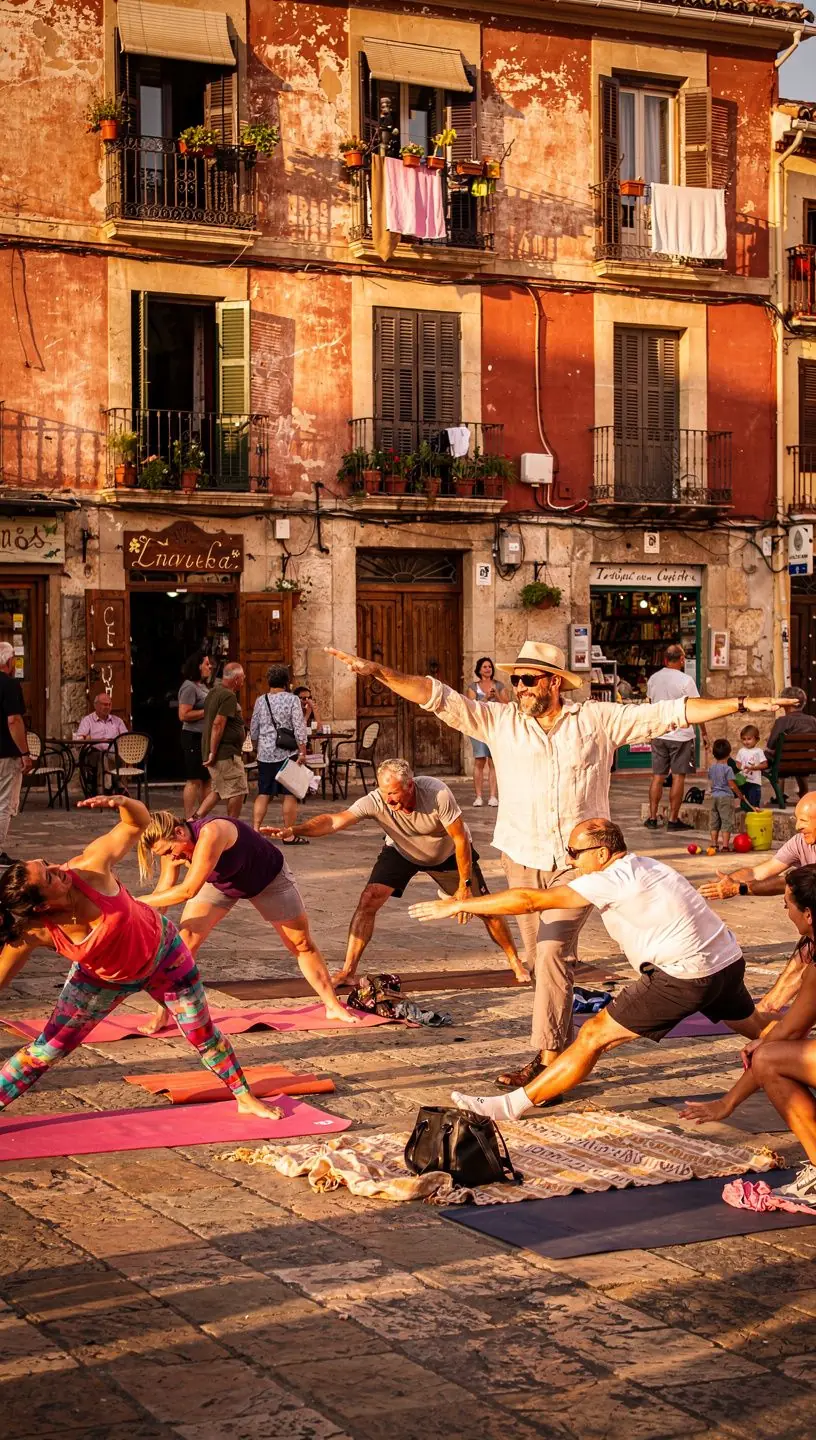 Vista panorámica de un taller de yoga creativo en una sala iluminada.