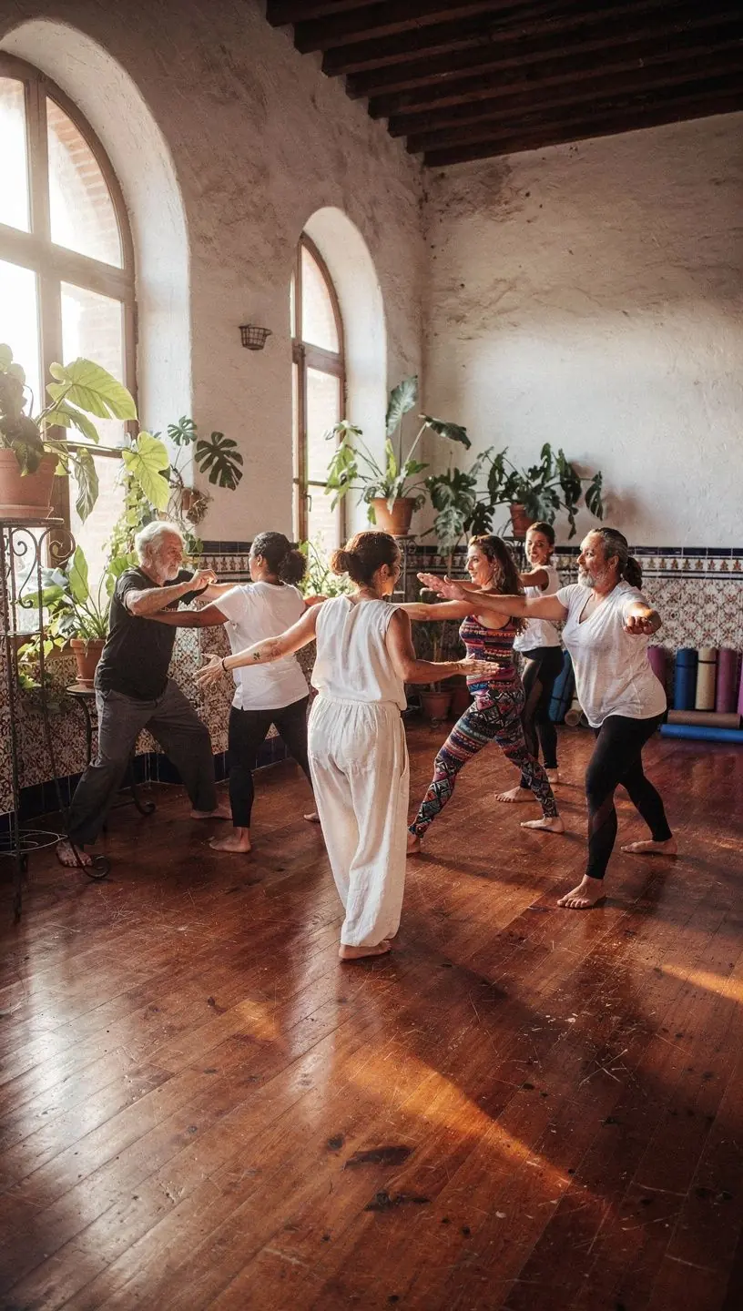 Vista panorámica de un taller de yoga creativo en una sala iluminada.