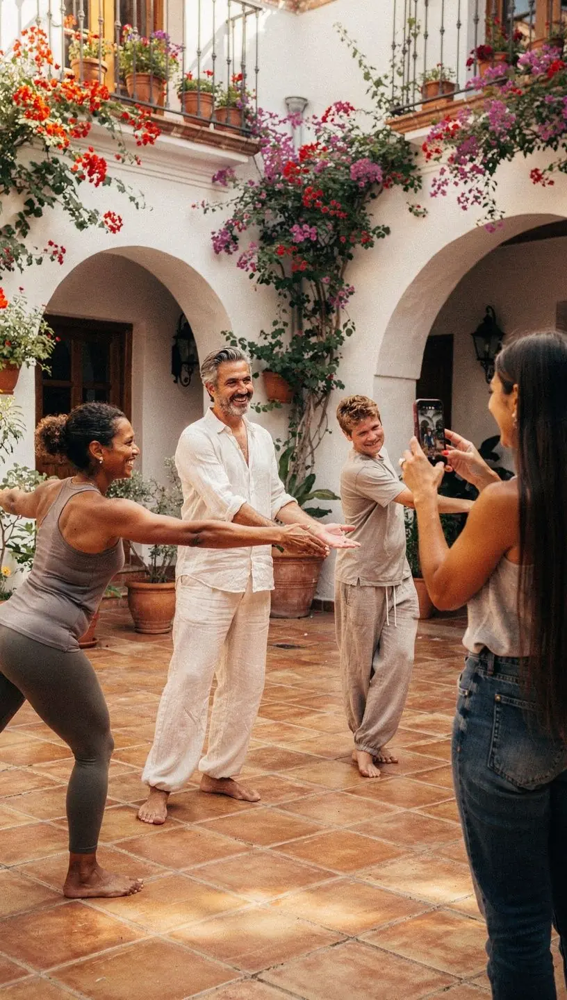 Vista panorámica de un taller de yoga creativo en una sala iluminada.