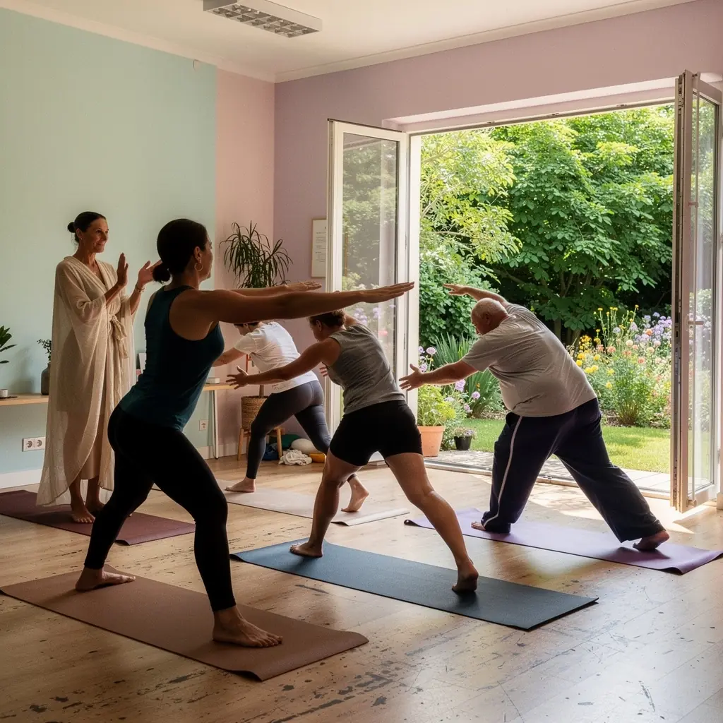 Vista panorámica de un taller de yoga creativo en una sala iluminada.
