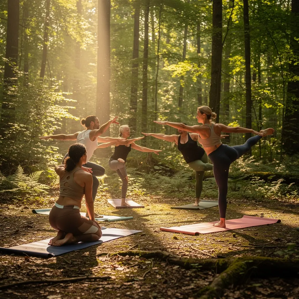 Vista panorámica de un taller de yoga creativo en una sala iluminada.