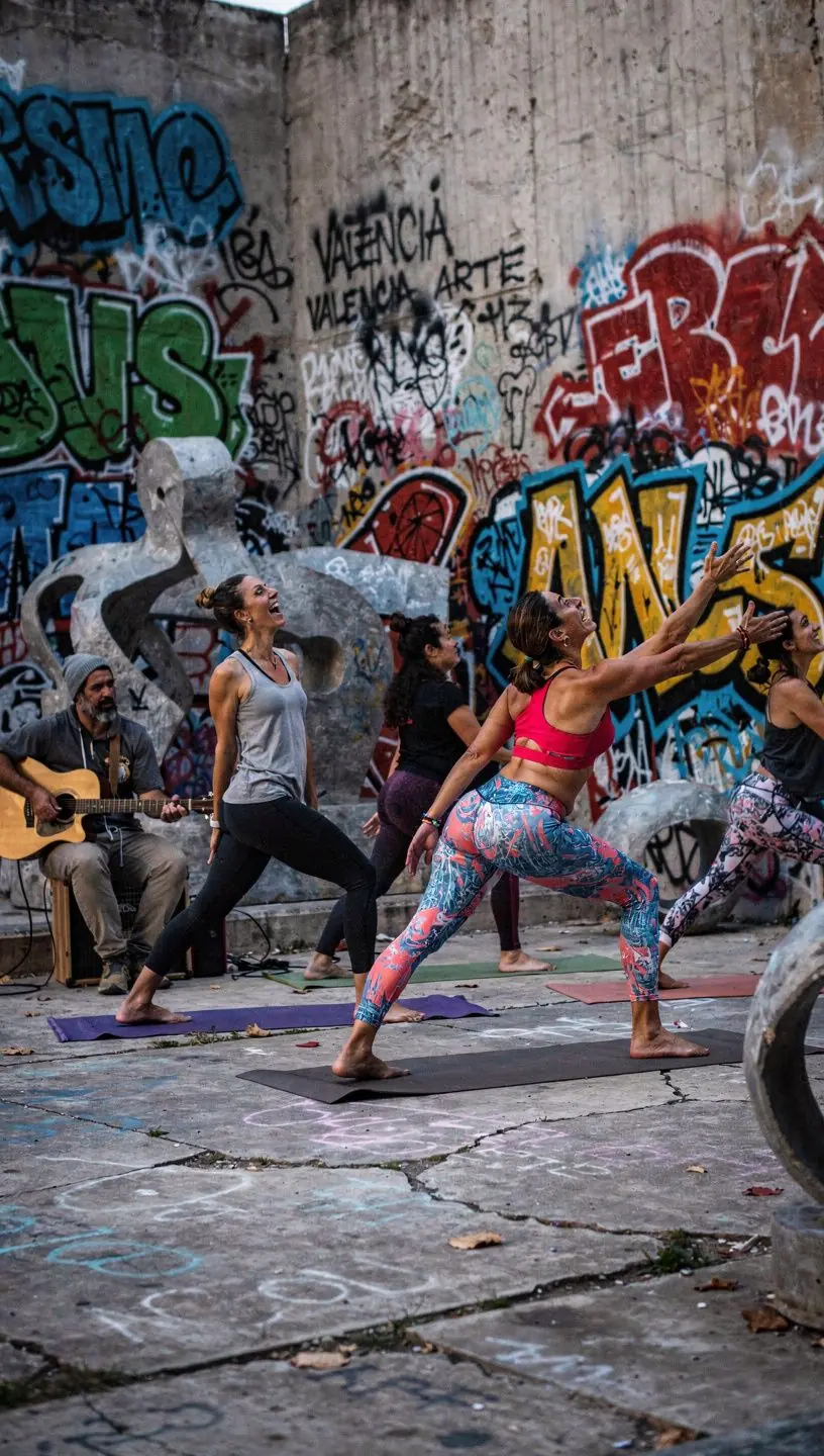 Una persona practicando yoga al aire libre con una postura de equilibrio.