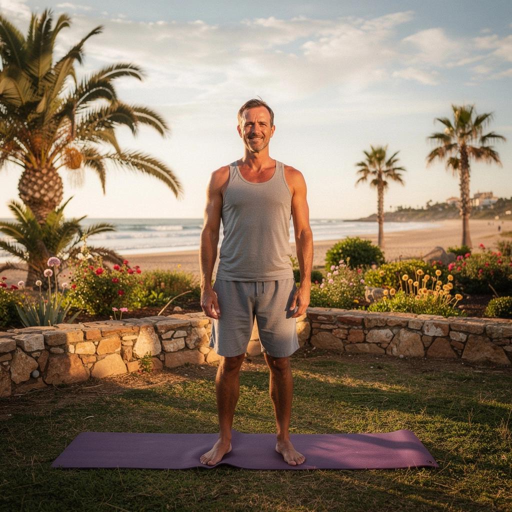 Una persona realizando una postura de yoga en un entorno natural, rodeada de árboles y flores.