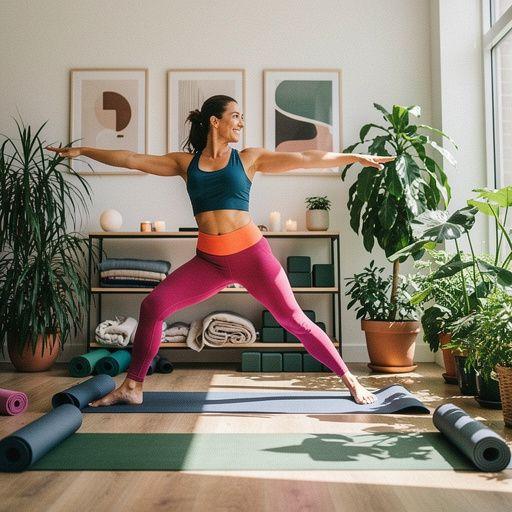 Un grupo de personas practicando yoga en un estudio luminoso, con música suave de fondo.